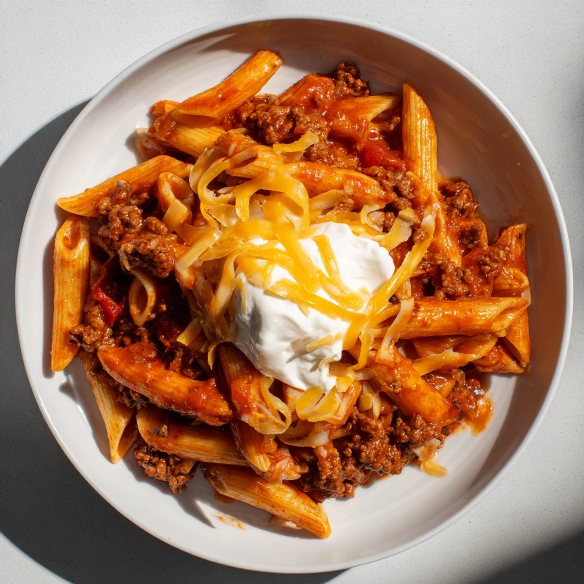 This Easy Beef Enchilada Pasta features tender pasta, ground beef, and a vibrant enchilada sauce.