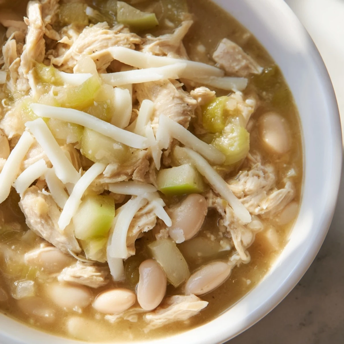 A close-up of a bubbling pot of flavorful 35-Minute White Cheddar Apple Chicken Chili, offering a warm and comforting meal.