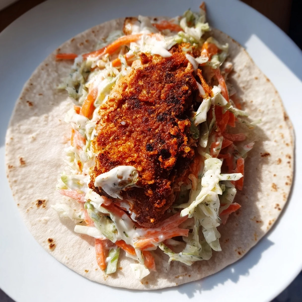 A close-up of delicious Buffalo Chicken Smash Burger Tacos, showcasing the creamy ranch slaw topping the patties.