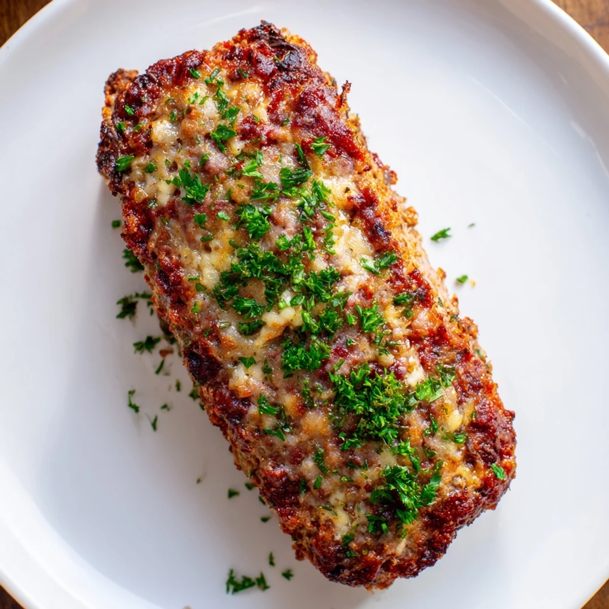 A close-up of baked Garlic Parmesan Chicken Meatloaf, showcasing a golden crust and savory aroma.
