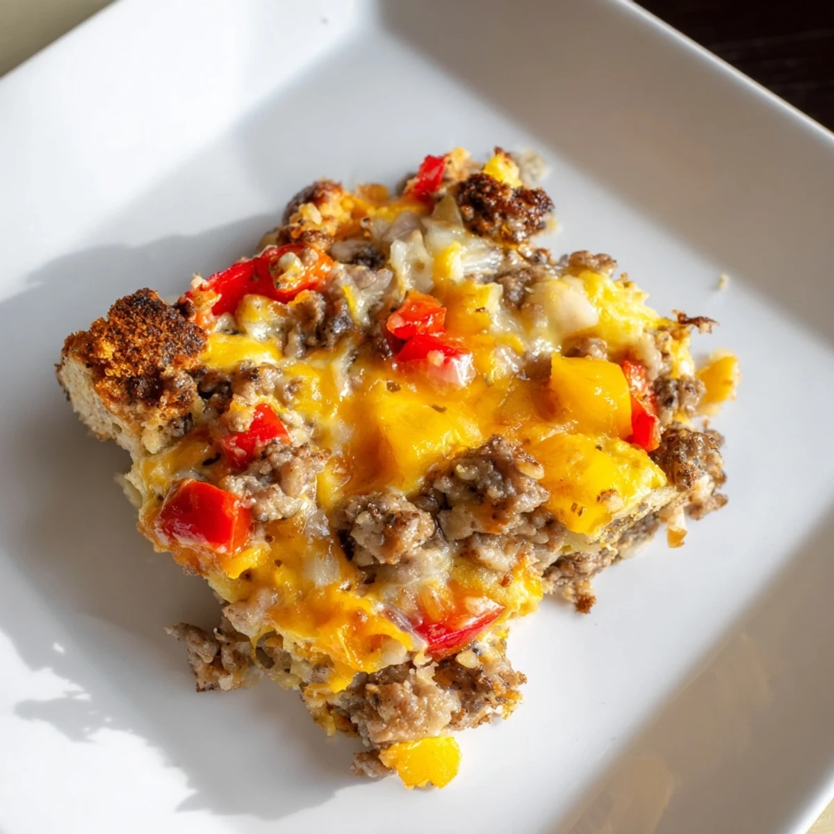 Fluffy golden Lightning-Fast Breakfast Sausage Casserole, served hot and bubbly with melted cheese.