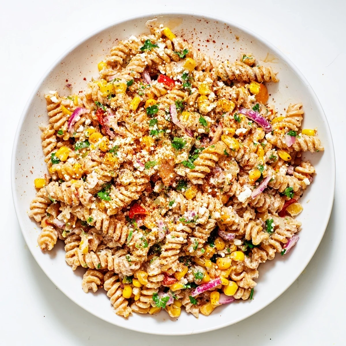 Warm Mexican Street Corn Pasta Salad with charred corn and creamy Greek yogurt.