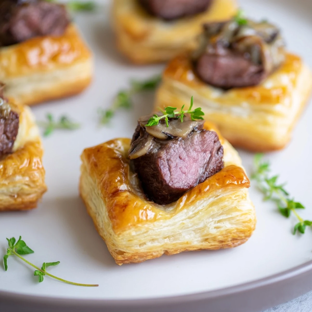 Golden, flaky, bite-sized Christmas Beef Wellington, showcasing savory beef and mushroom filling, ready to serve.