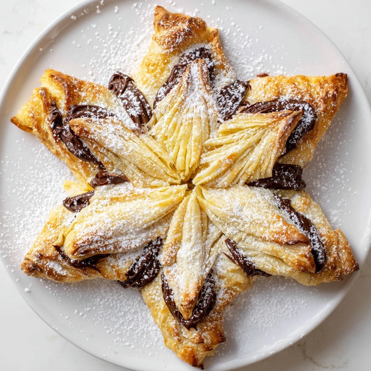 Golden and flaky Express Nutella Puff Pastry Snowflakes dusted with powdered sugar, ready to savor.