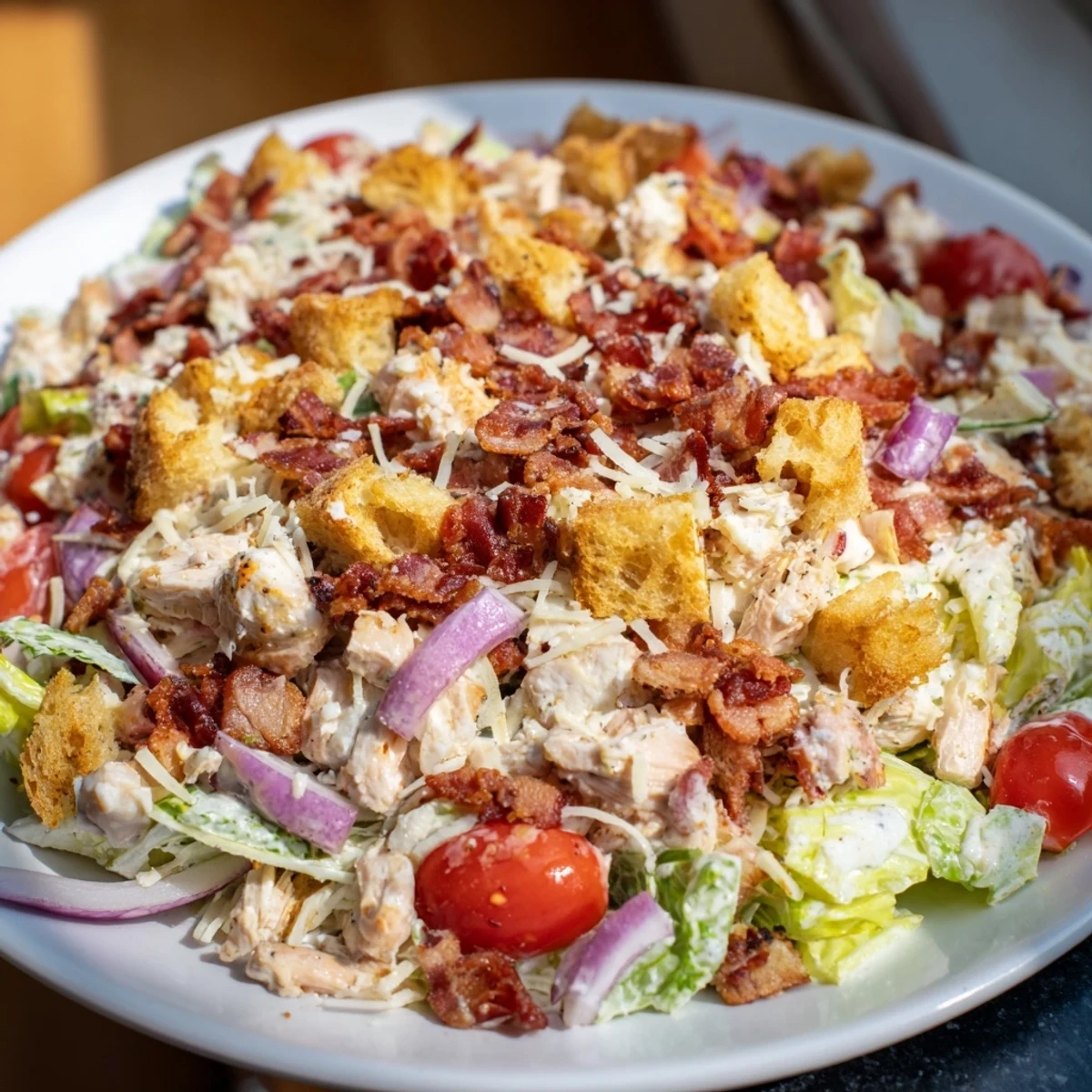Costco Chicken Bake Salad Bowl bursting with fresh ingredients, topped with savory bacon and creamy dressing.