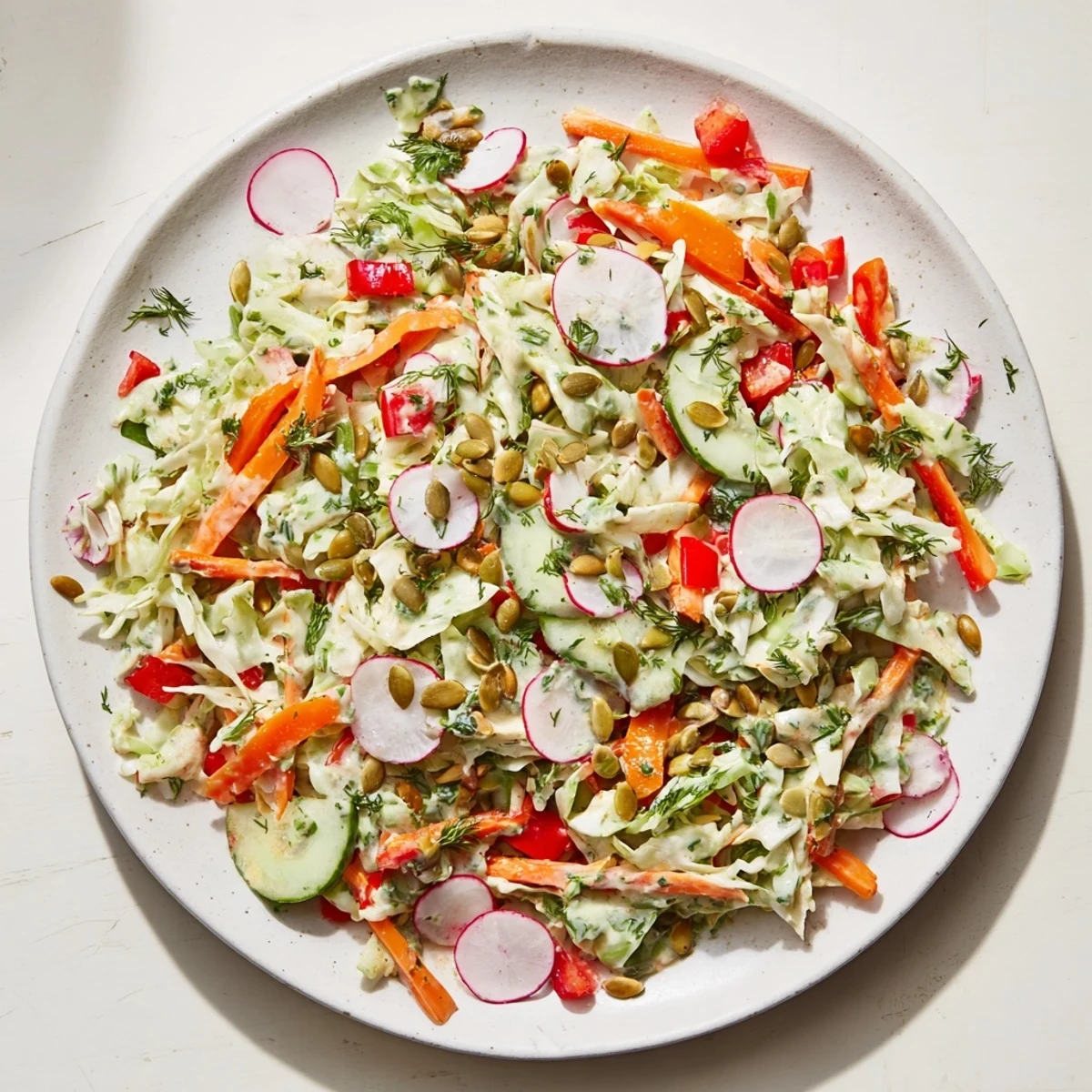 Close-up of a refreshing Green Goddess Confetti Chop Slaw, ready to be enjoyed as a side dish.
