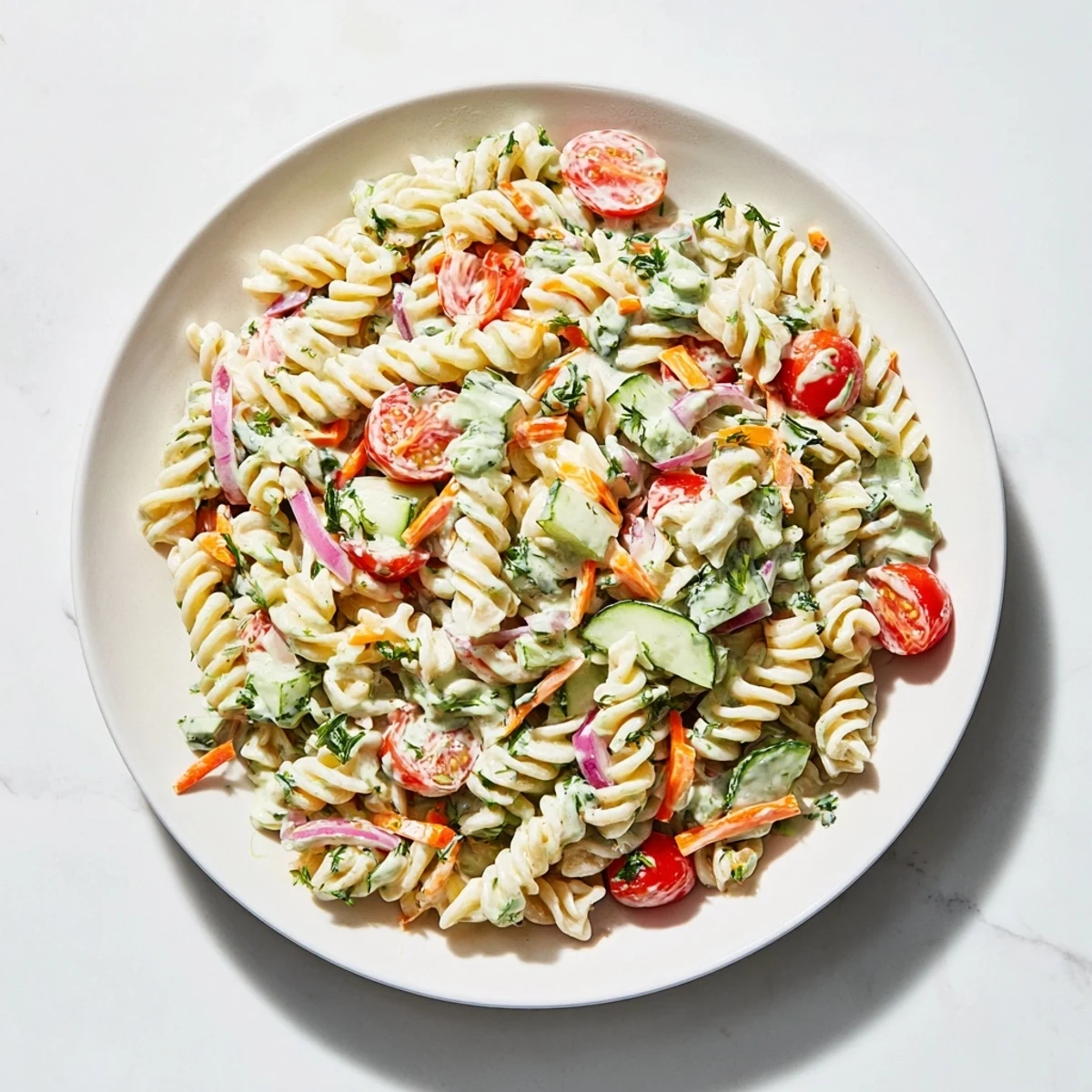 Creamy Vegan Hemp Seed Ranch Pasta Salad, loaded with fresh veggies, ready to enjoy.