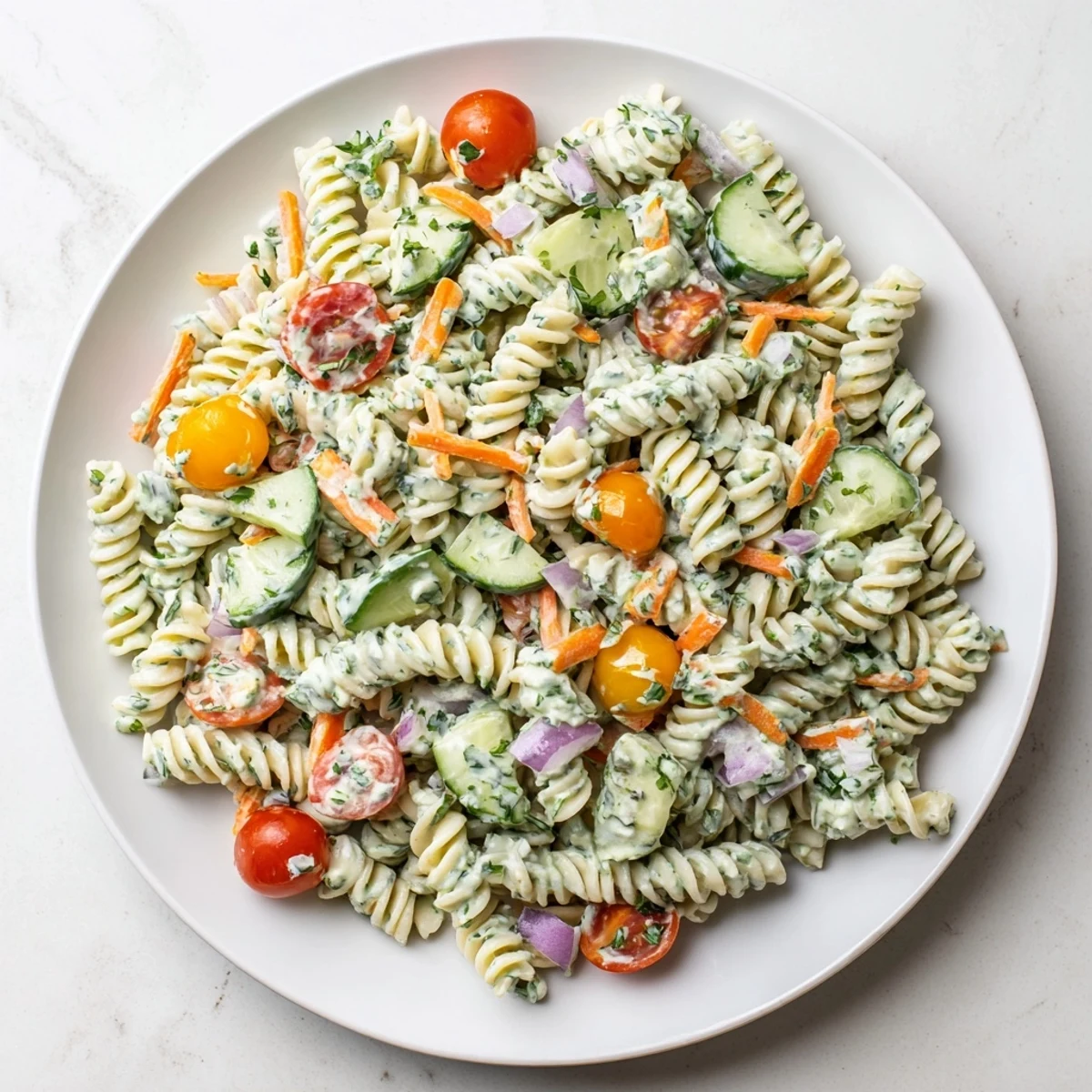 Vibrant image of chilled Vegan Hemp Seed Ranch Pasta Salad, a perfect vegan main course.