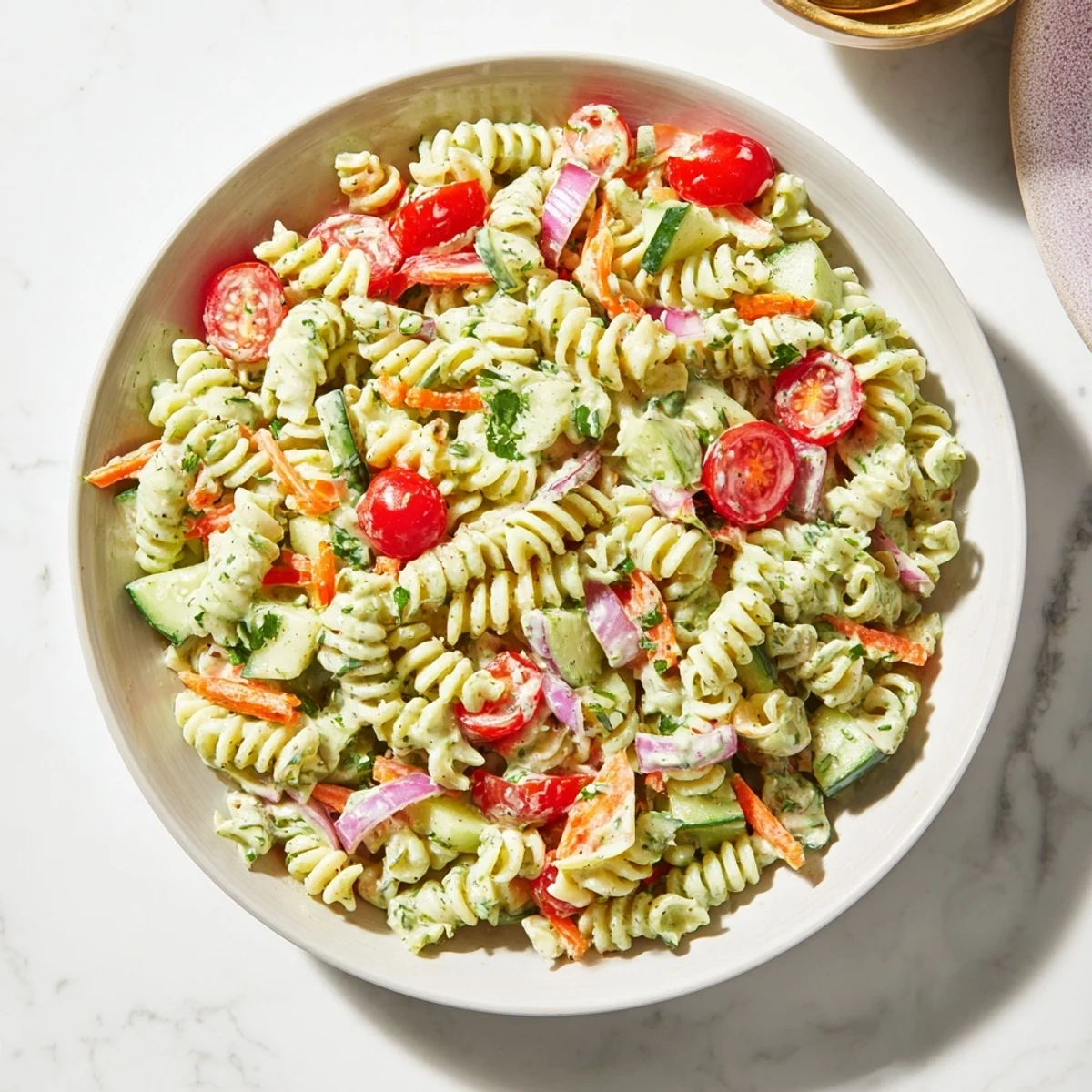 Colorful close-up of Vegan Hemp Seed Ranch Pasta Salad, ideal for a picnic or meal prep.