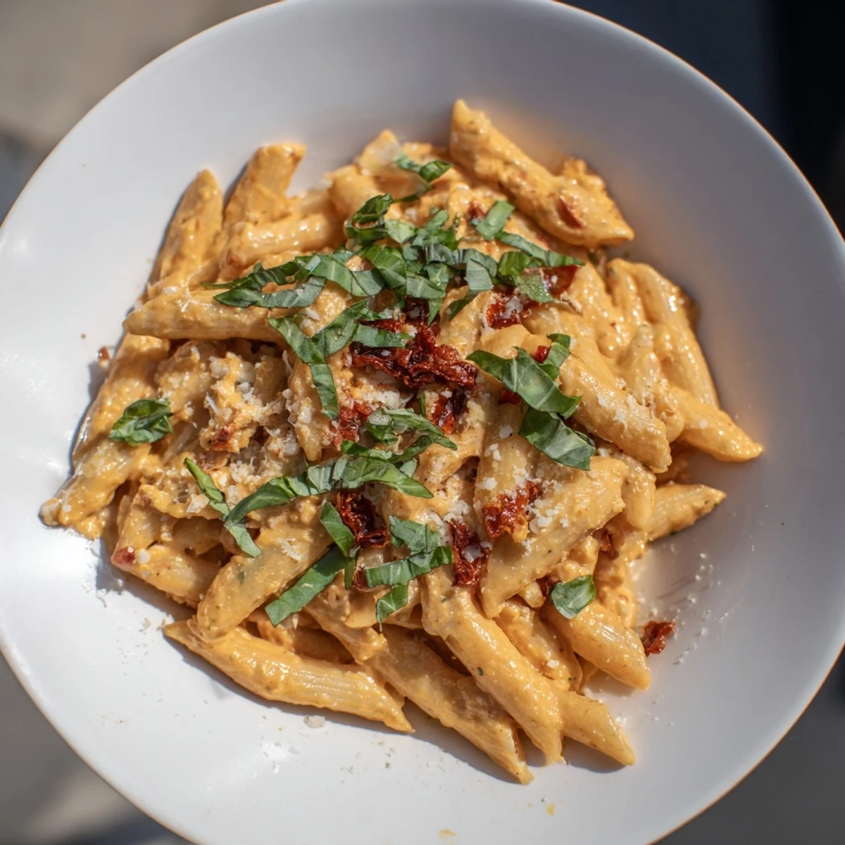 A vibrant photo of Sun-Dried Tomato & Cottage Cheese Pasta Sauce, creamy and ready to enjoy.