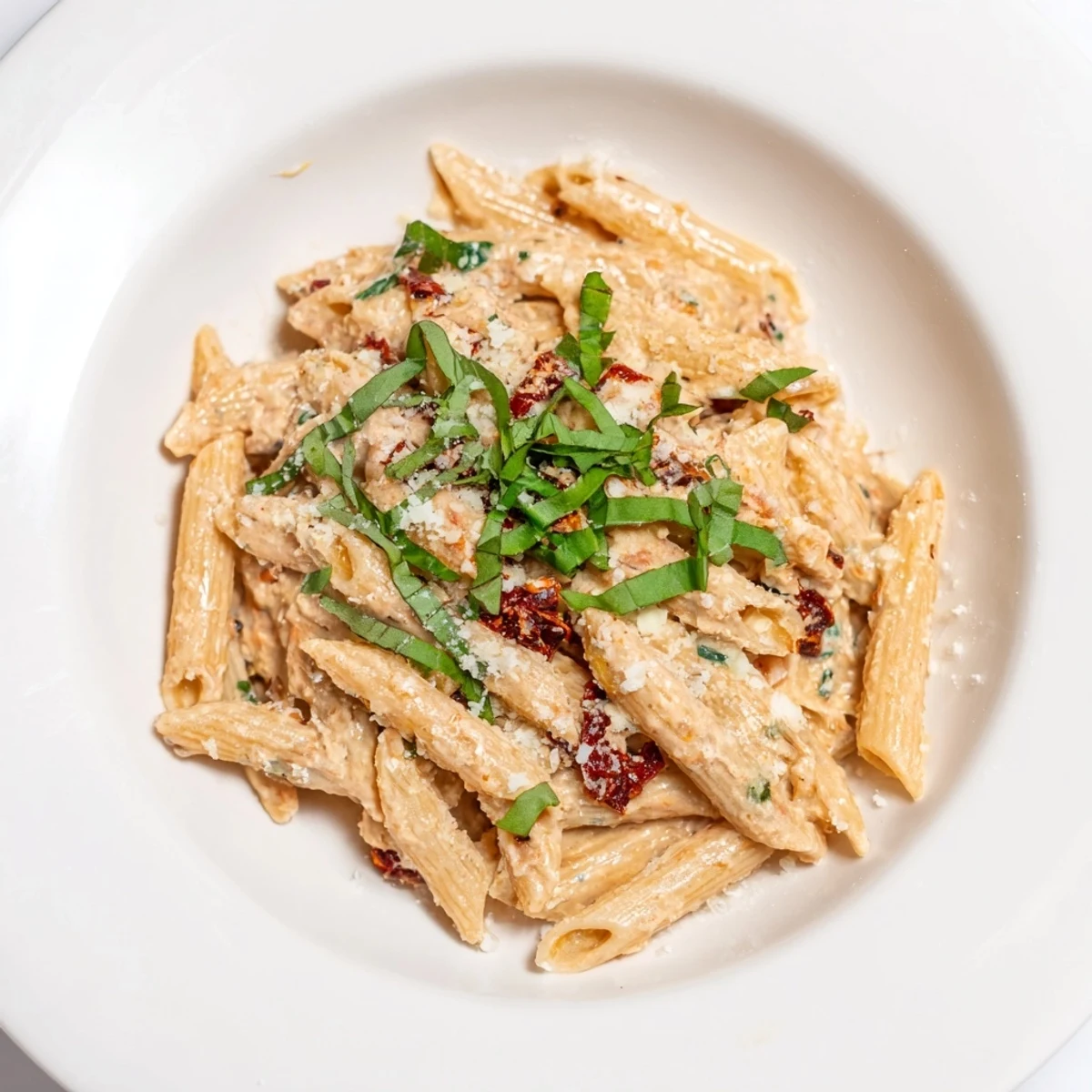 This creamy Sun-Dried Tomato & Cottage Cheese Pasta Sauce looks ready to be devoured with fresh basil.