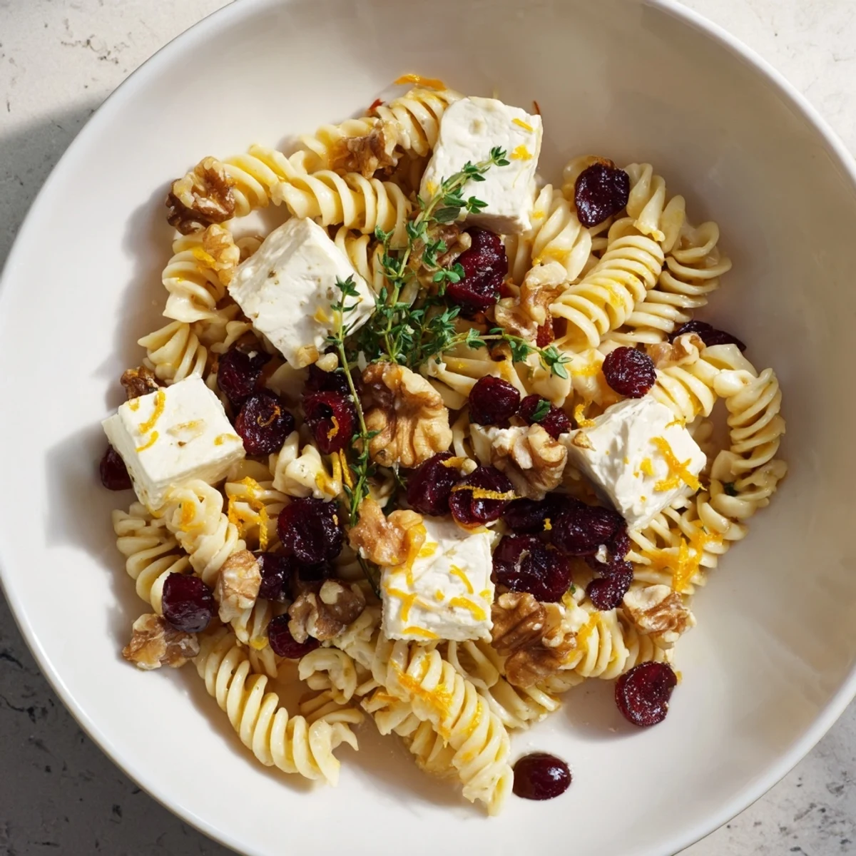Vibrant photo of baked Brie & cranberry pasta, showcasing the melted cheese and sweet cranberries perfectly.