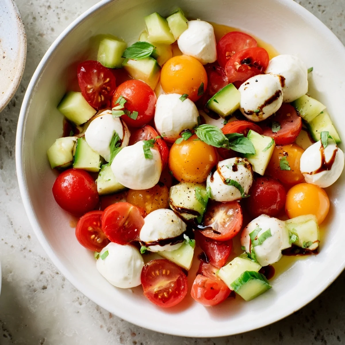 Close-up of the delicious Simple Holiday Chopped Caprese Salad, drizzled with balsamic glaze and olive oil, ready to serve.