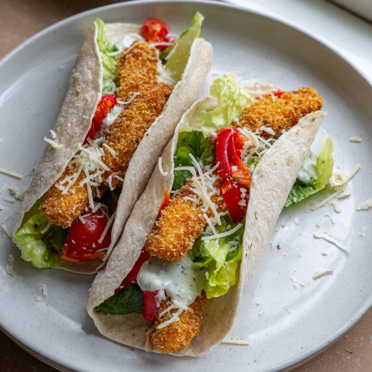 Crispy Santa Hat Chicken Caesar Wrap filled with romaine, juicy tomatoes, and golden chicken ready to eat.