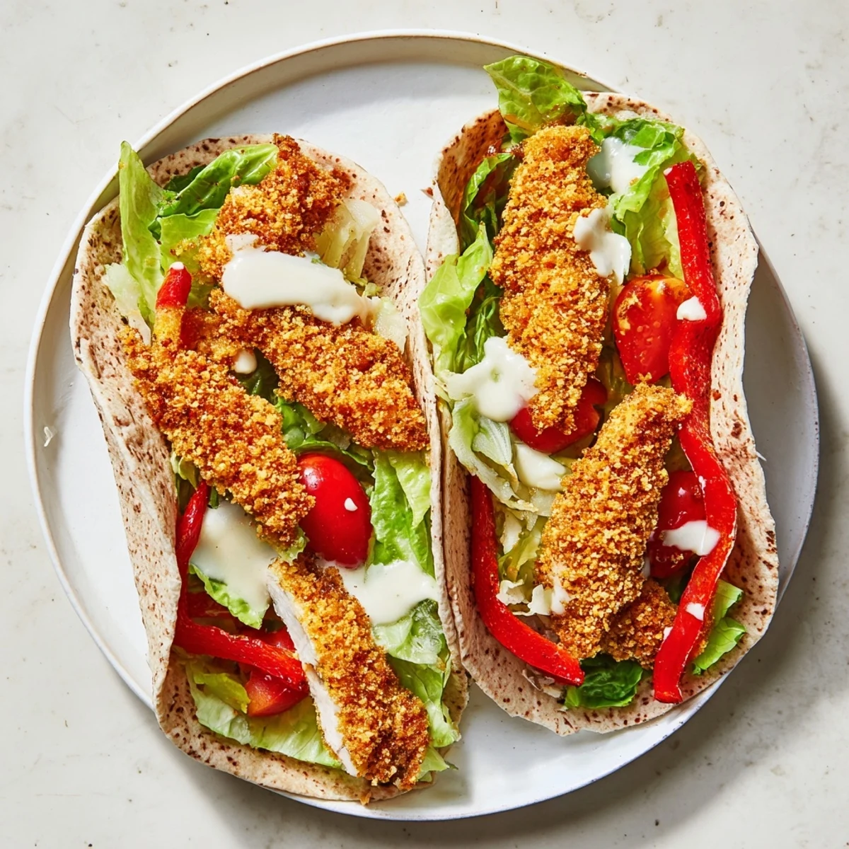 Imagine a close up of the festive and flavorful Crispy Santa Hat Chicken Caesar Wrap on a plate.