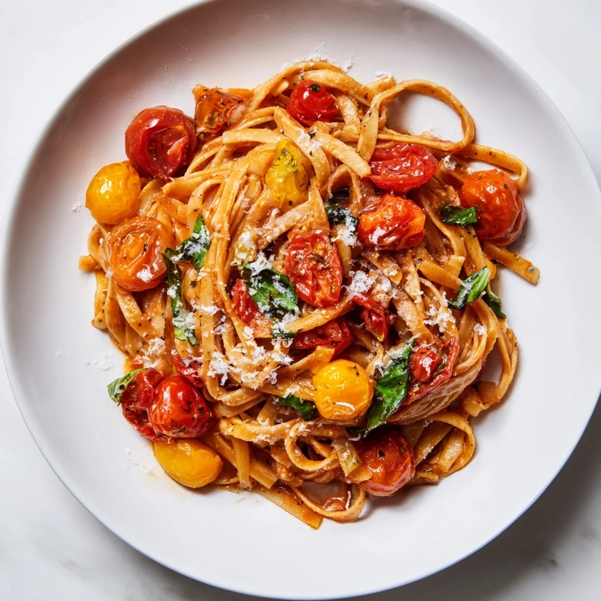 Steaming one-pan tomato basil pasta, overflowing with juicy tomatoes and fresh basil, ready to eat.