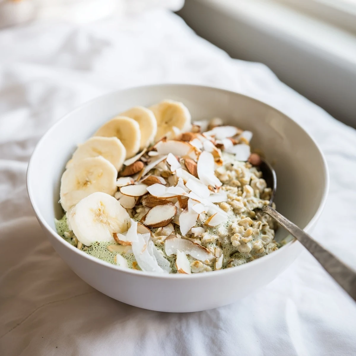 Creamy High-Protein Eggnog Matcha Overnight Oats, chilled and ready with coconut flakes and pecans, delicious!