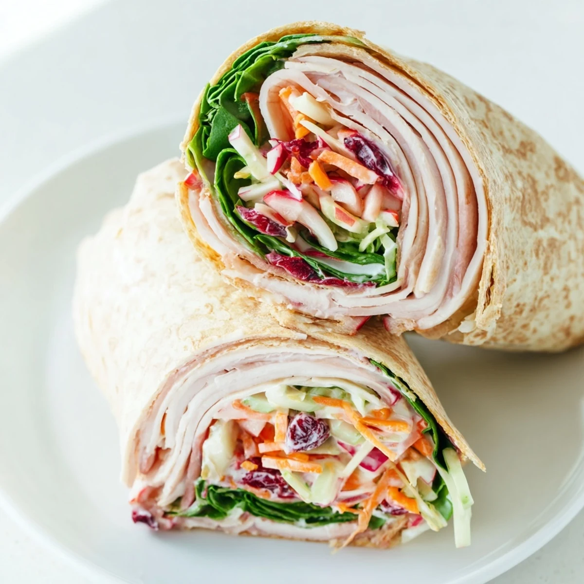 Image of a vibrant Cranberry Apple Slaw Turkey Wrap, ready for a delicious and healthy lunch.
