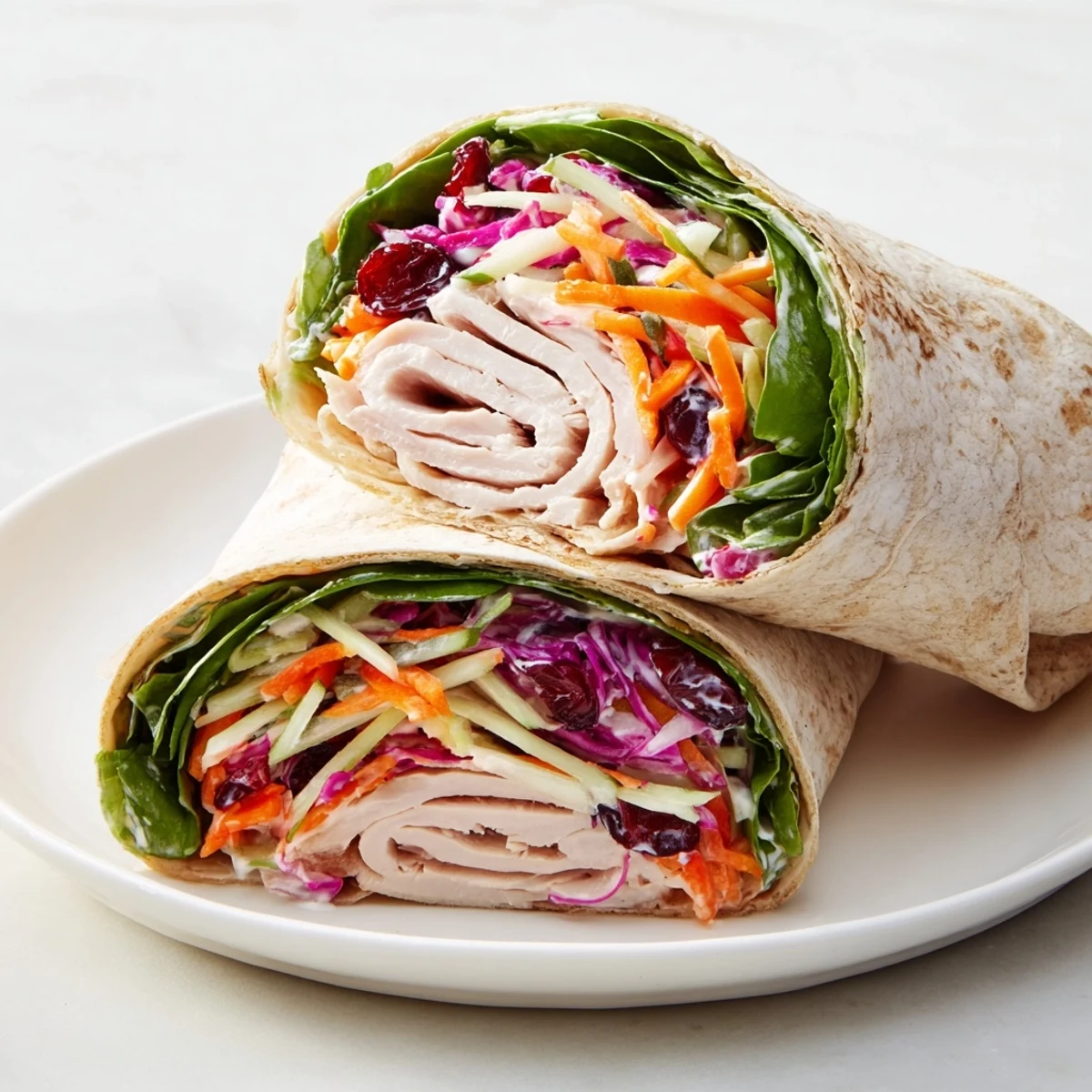 Freshly assembled Cranberry Apple Slaw Turkey Wraps offer a delightful mix of flavors and textures.