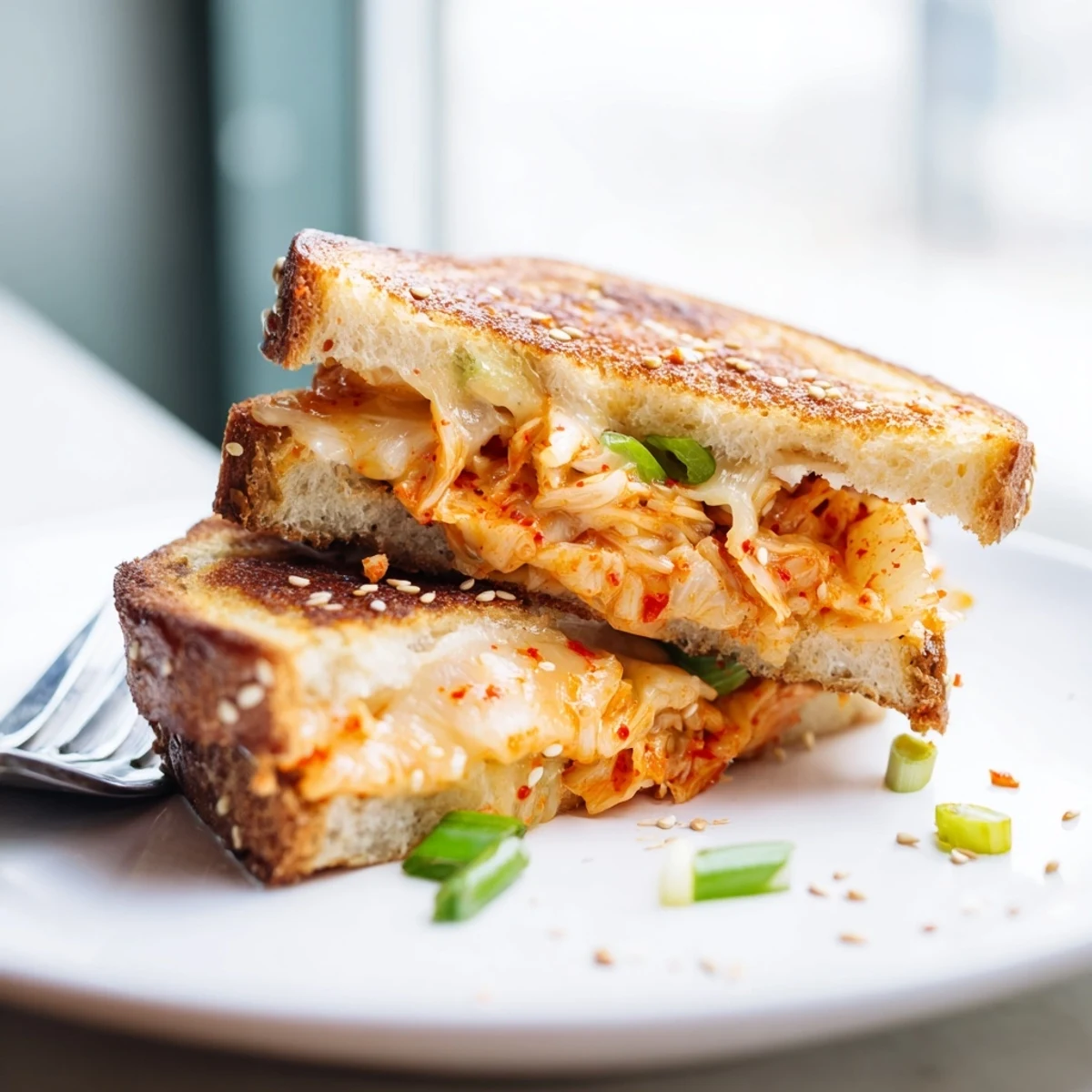 Golden, melty Skillet Kimchi & Cheddar Fusion Grilled Cheese with crispy bread crusts, ready to devour.