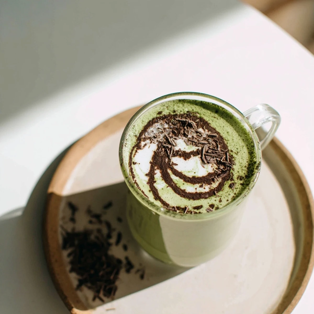 Steaming Collagen Peppermint Mocha Matcha Latte, a vibrant green and cocoa-brown beverage in a cozy mug.