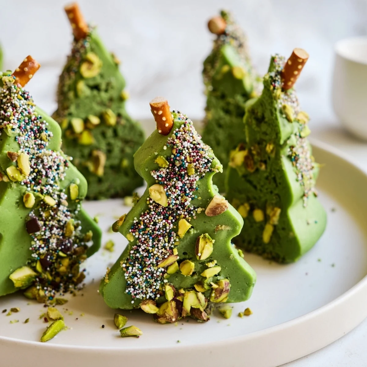 Warm, chewy Matcha Pistachio Christmas Tree Blondie Bars, sprinkled with colorful holiday decorations atop the unique cut shapes.