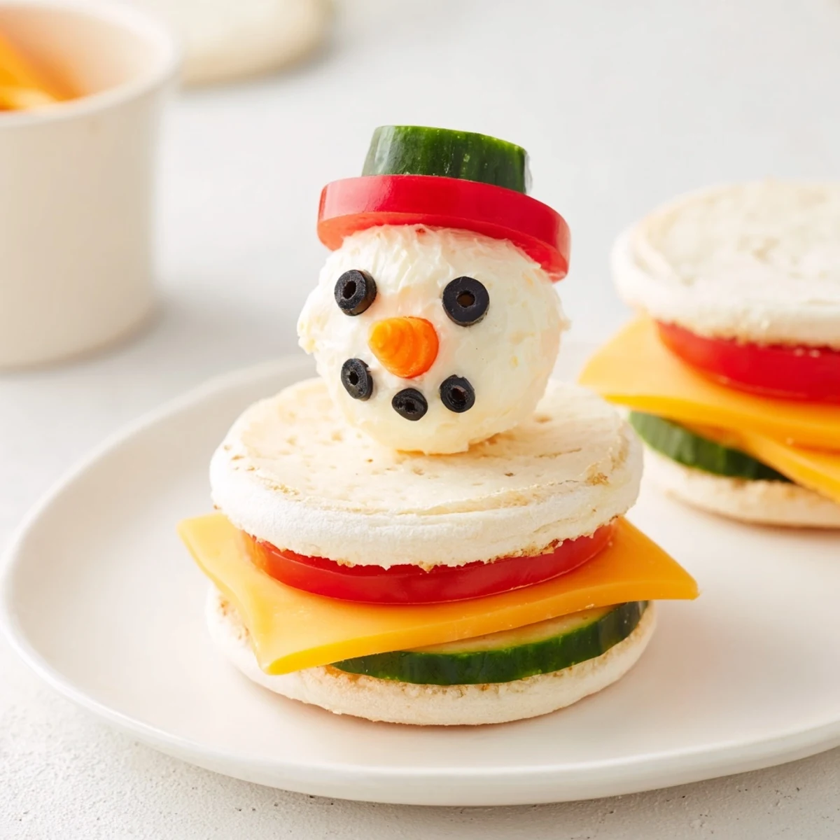 Festive Snowman Sandwich Stack, a delightful vegetarian lunch beautifully decorated with carrot noses.
