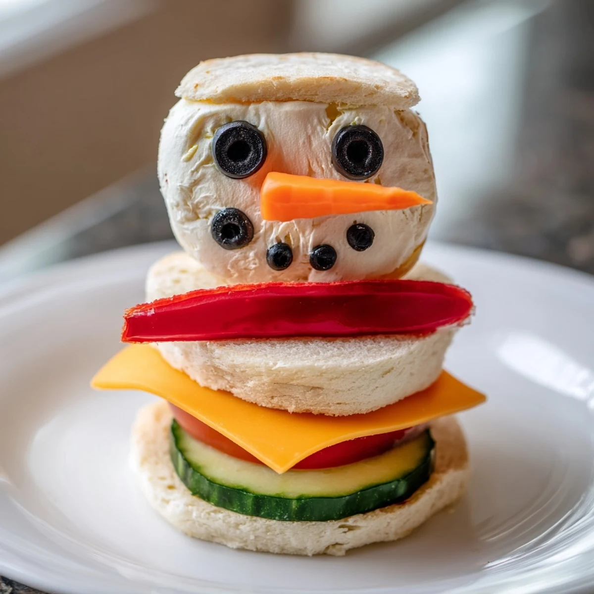 Look at the adorable assembled Snowman Sandwich Stack, complete with olive eyes on a plate!