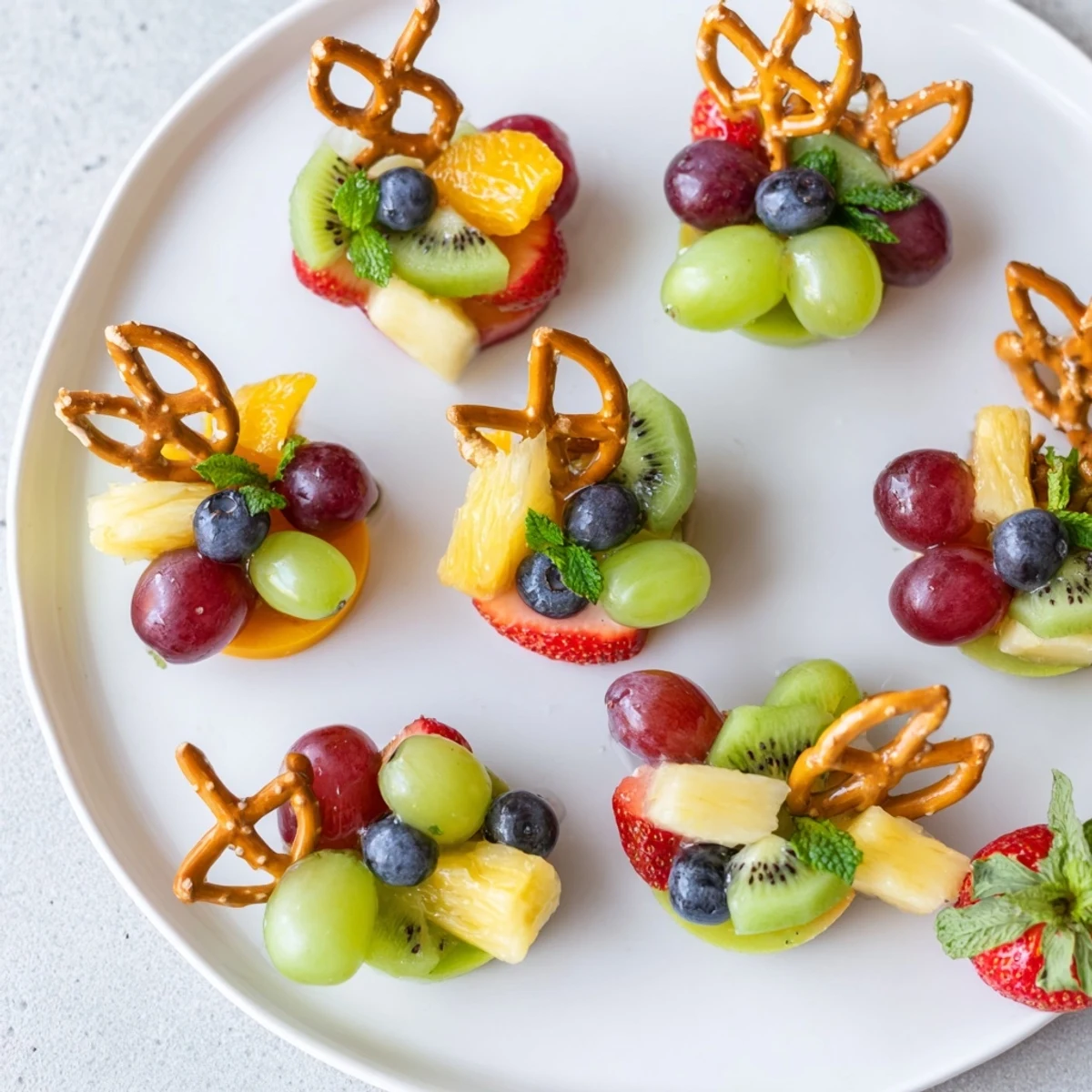 Vibrant Ornament Fruit Medley, a festive dessert, is beautifully arranged with grapes and strawberries on a platter.