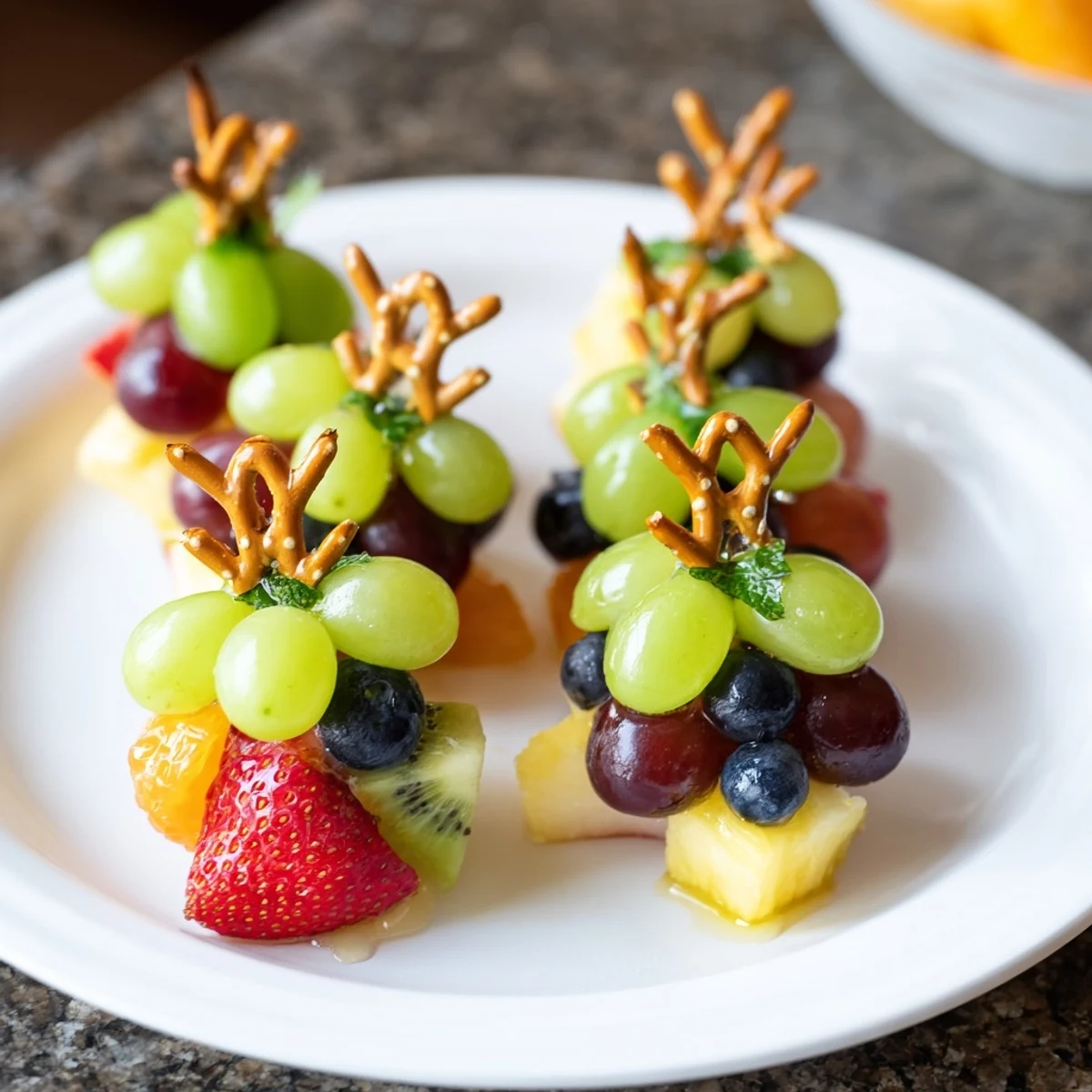 This gorgeous Ornament Fruit Medley features juicy fruit, drizzled with honey, perfect for a holiday party centerpiece.