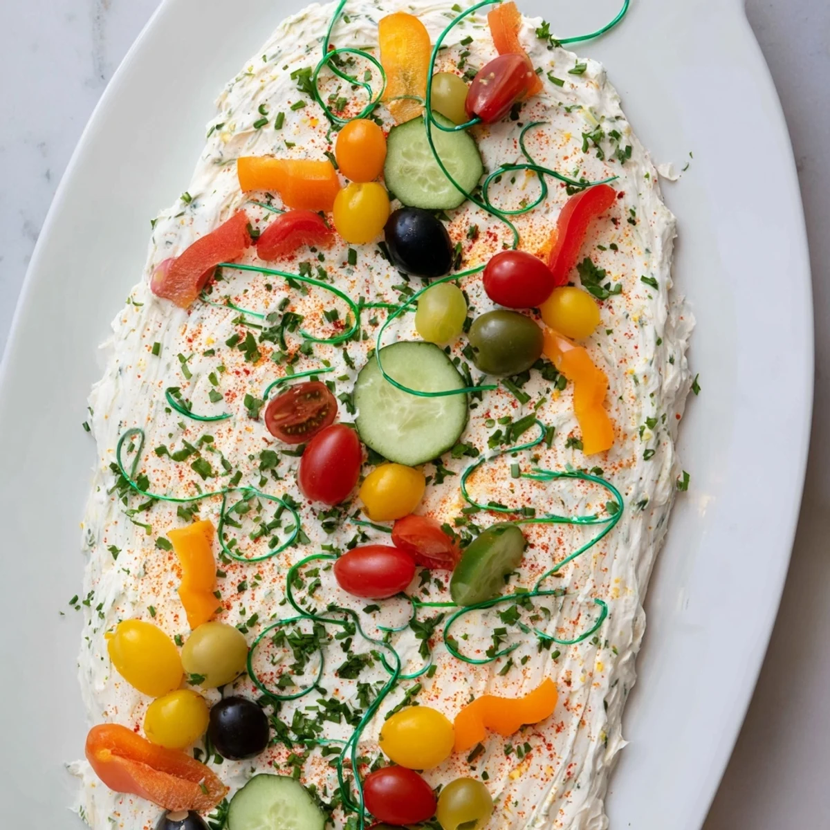 Creamy cheese foundation adorned with festive "bulbs," the Christmas Lights Appetizer Spread looks delicious with crackers.