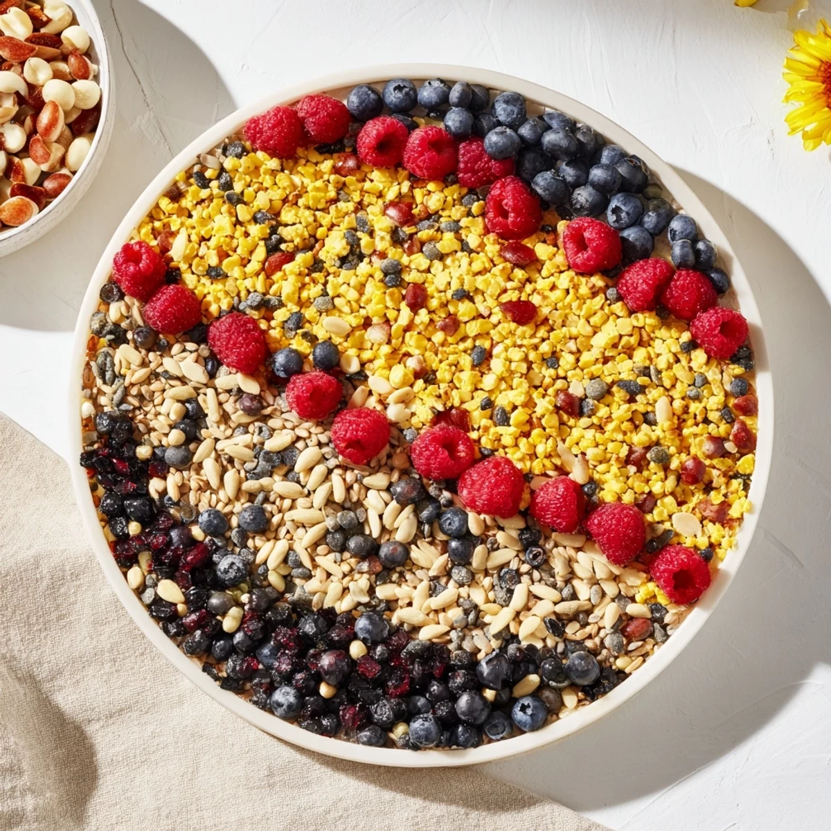 A colorful Singing Bird Seed & Berry Platter, overflowing with seeds, berries, and nuts to tempt feathered visitors.