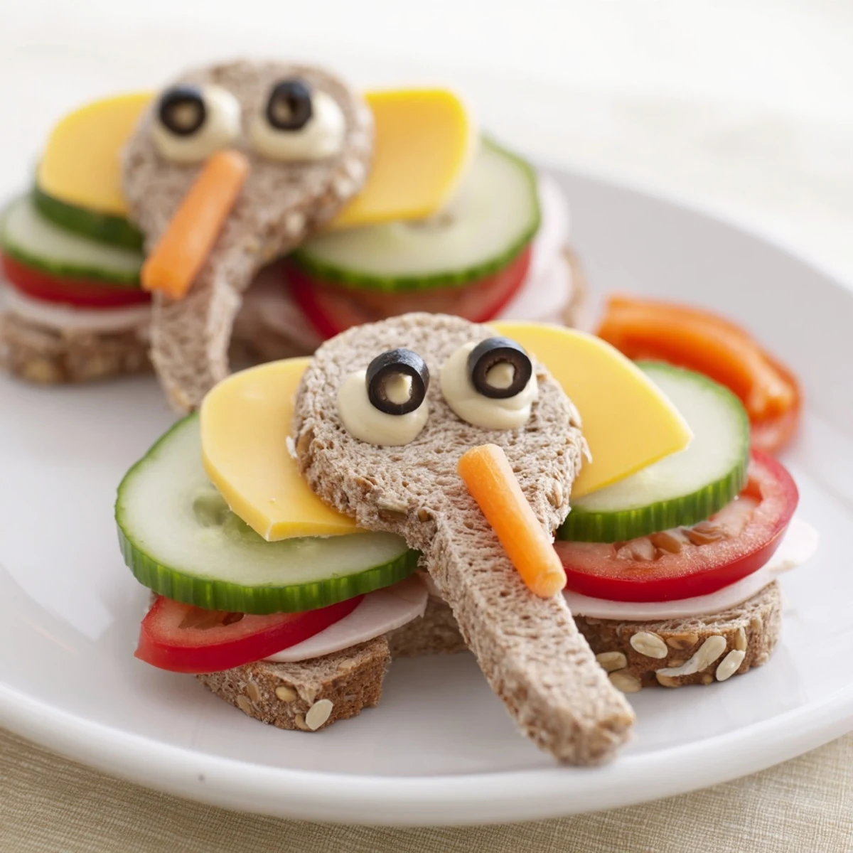 A close-up view of a Big Top Elephant Sandwich platter, showing vibrant bell pepper and olive eyes.