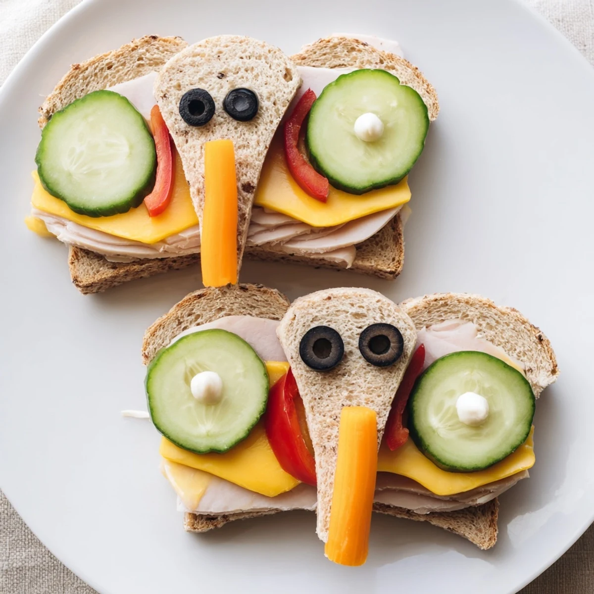 Golden whole wheat Big Top Elephant Sandwiches, playful and delightful, ready to be served at the kids' party.