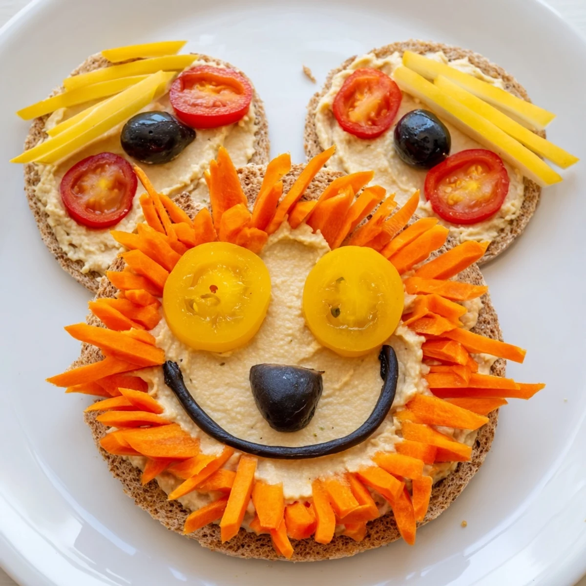 King of the Jungle Lion Lunch Board with a happy face, featuring colorful veggies and fruit.