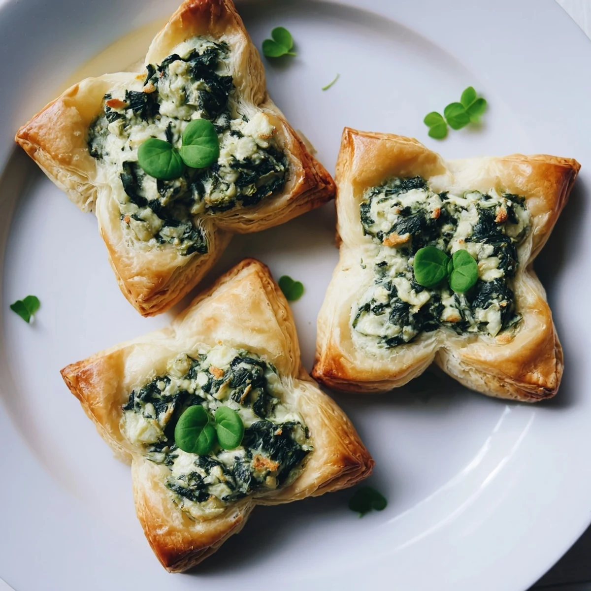 Golden, flaky Lucky Clover St. Patricks Day Bites, filled with creamy spinach and cheese, ready to eat.
