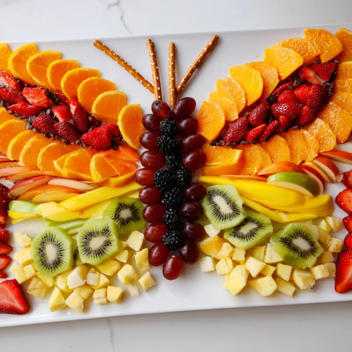 Vibrant Monarch Magic Fruit Butterfly Tray, showcasing juicy strawberries, grapes, and kiwis for a party appetizer.