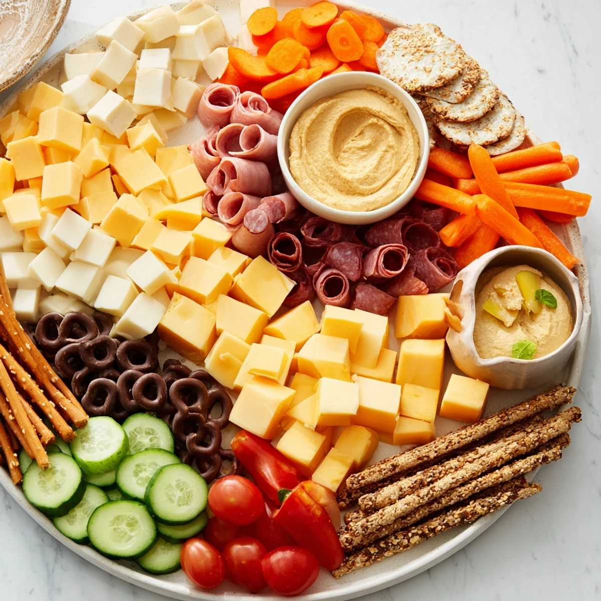 A Gallop & Graze Horse Charcuterie board bursting with colorful cheeses, meats, and fresh produce.
