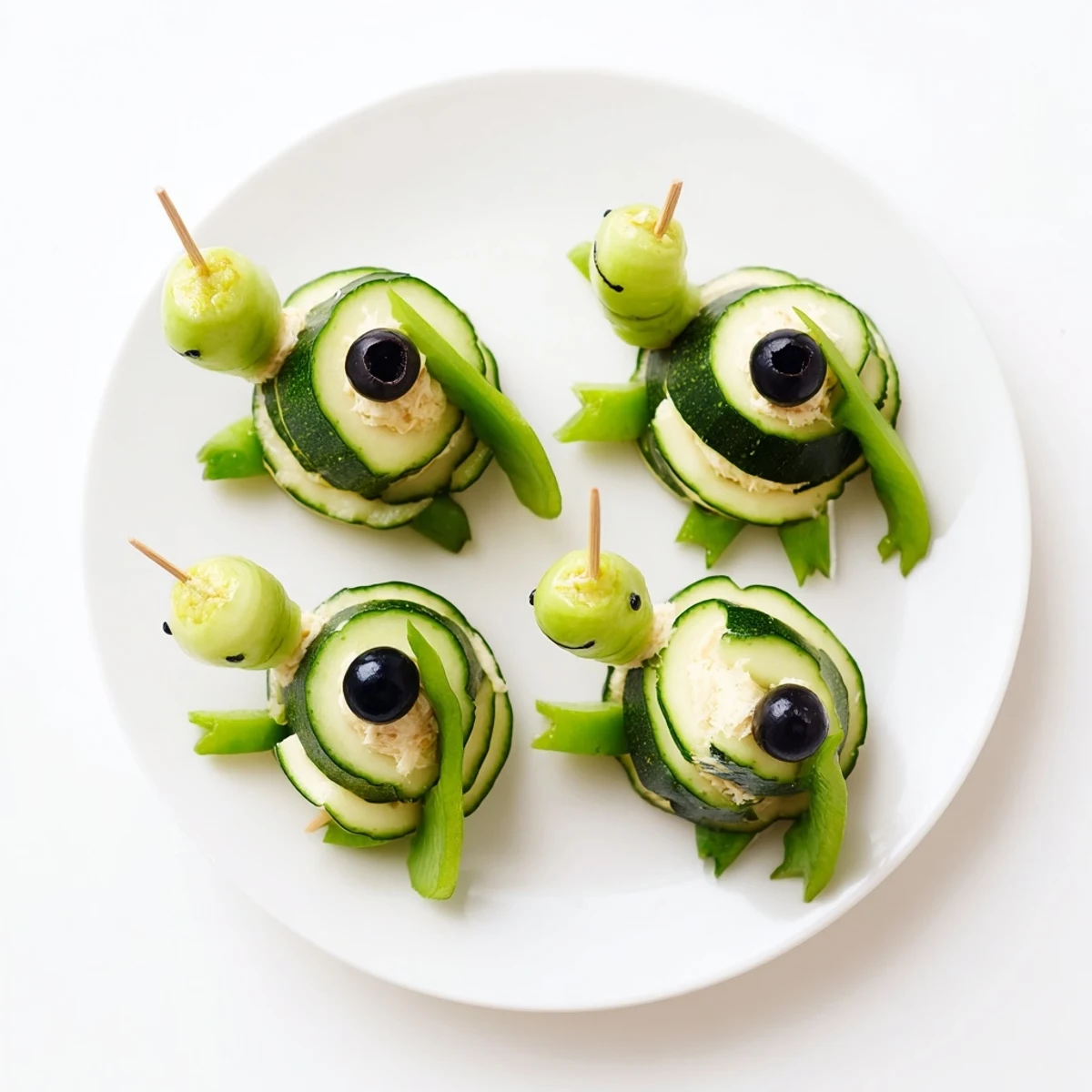 Fresh slow & savory turtle crudités with crunchy bell pepper legs and cucumber shells, ready to enjoy.