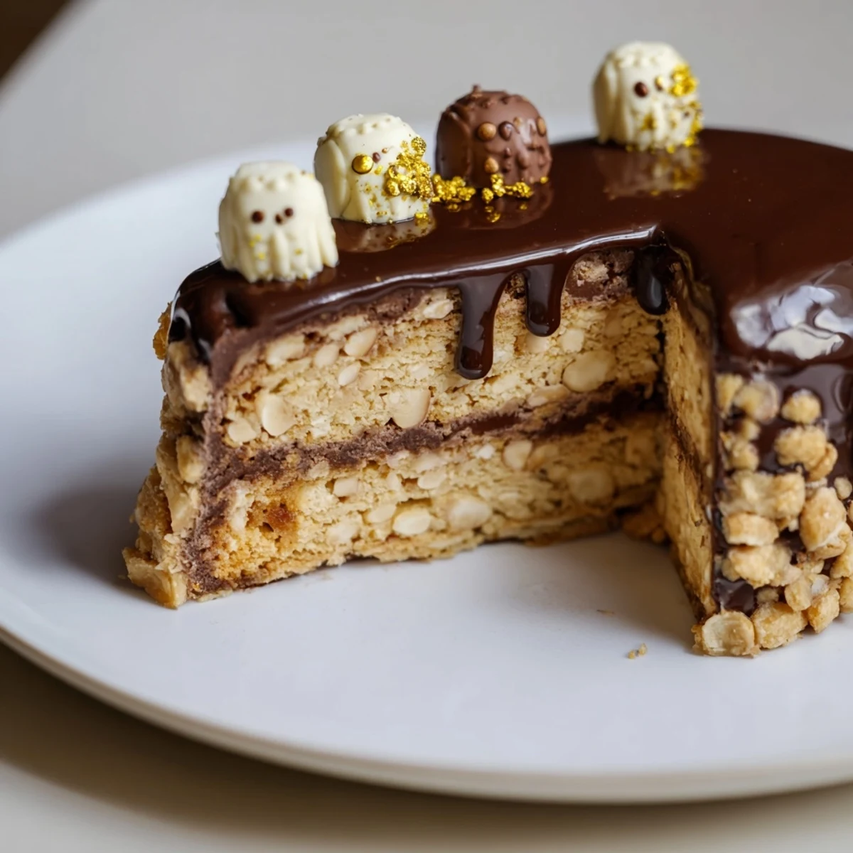 A slice of Plaisirs Sucrés Hibou de la Nuit: layers of decadent chocolate and hazelnut.