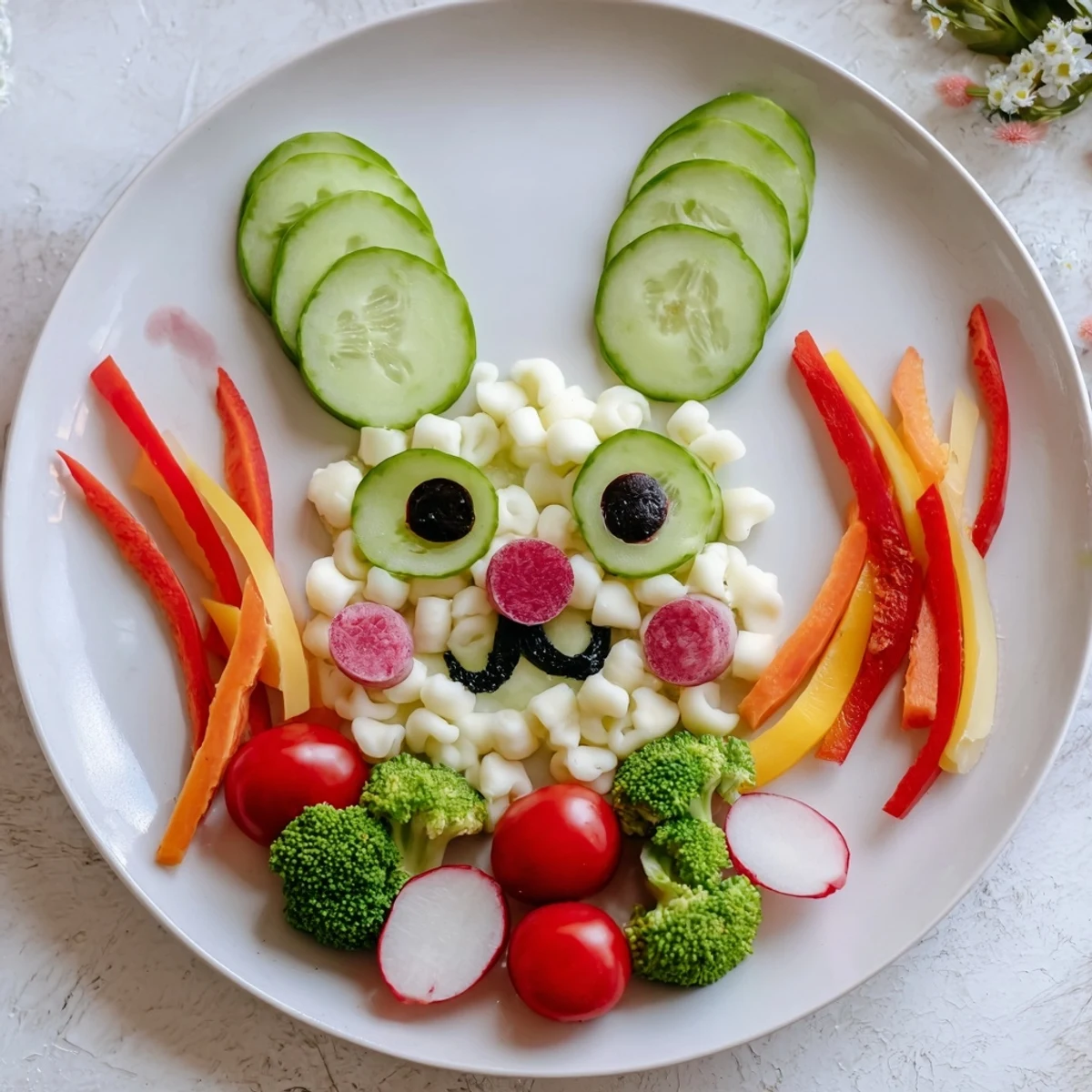 Delectable Easter Bunny Spring Platter with colorful veggies ready to be enjoyed with flavorful dips.