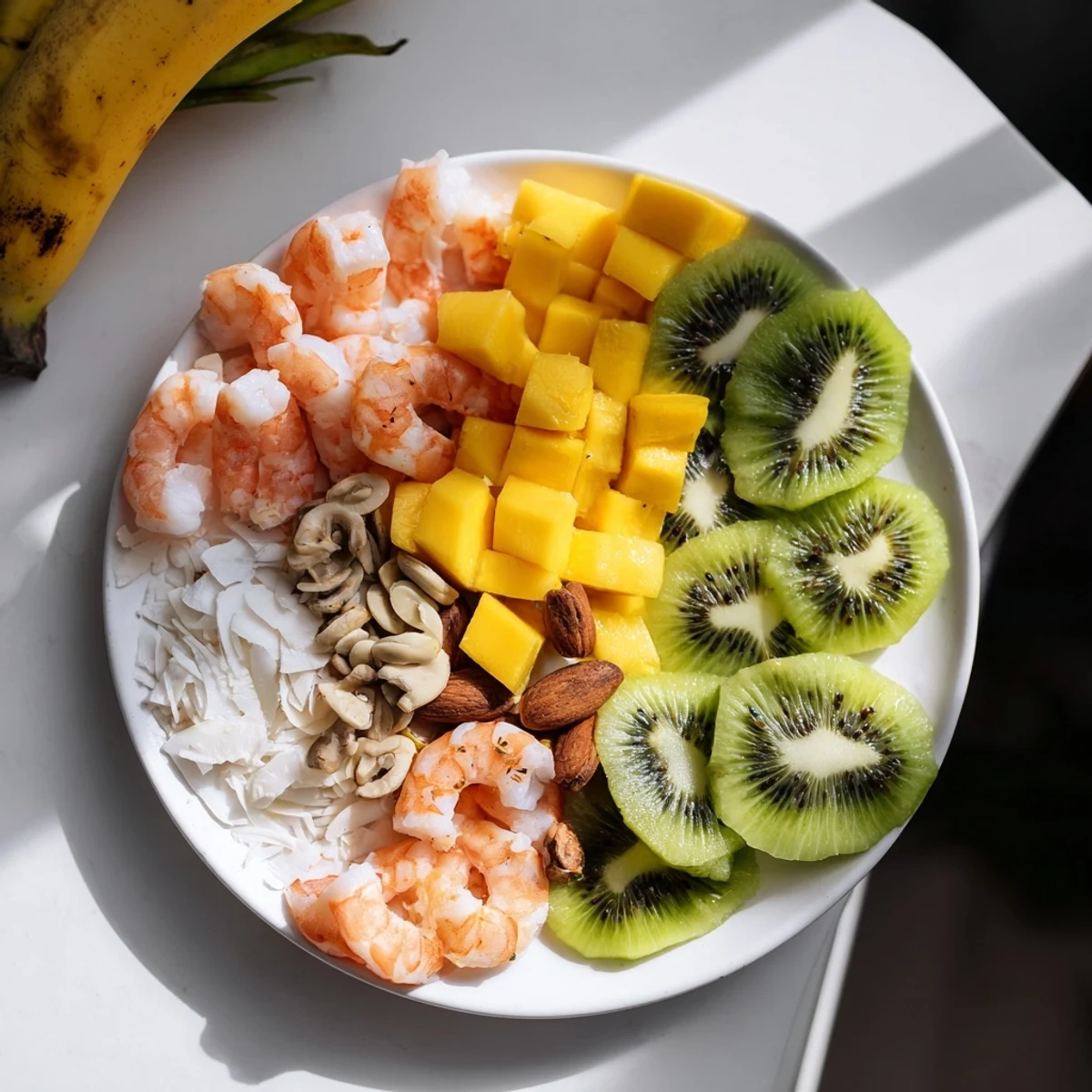 Vibrant Tropical Wave Tasting Platter with juicy mango and fresh shrimp artfully arranged.