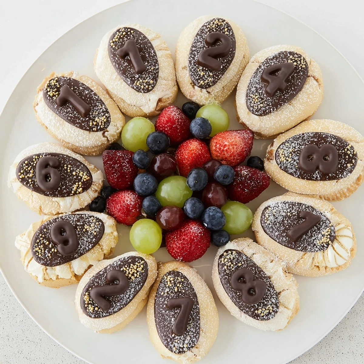 Vibrant Sparkling Clock Countdown Platter, with fresh berries, cream puffs, and gold sprinkles, perfect for New Year's Eve.