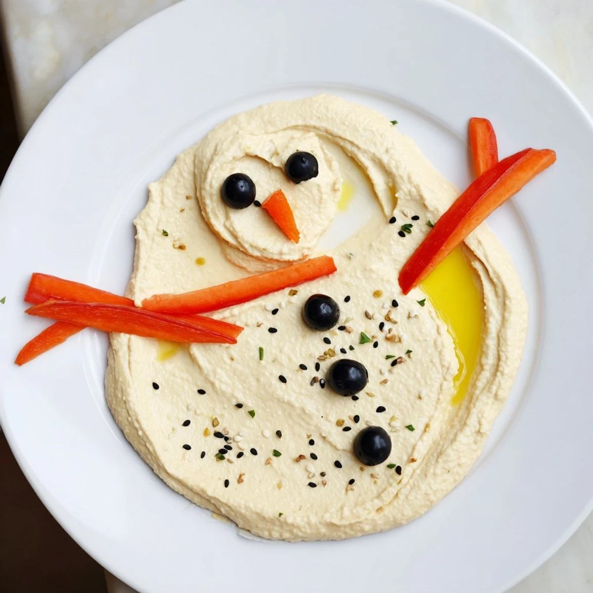 Melted snowman hummus platter, a festive appetizer with carrot nose and olive eyes for winter celebrations.