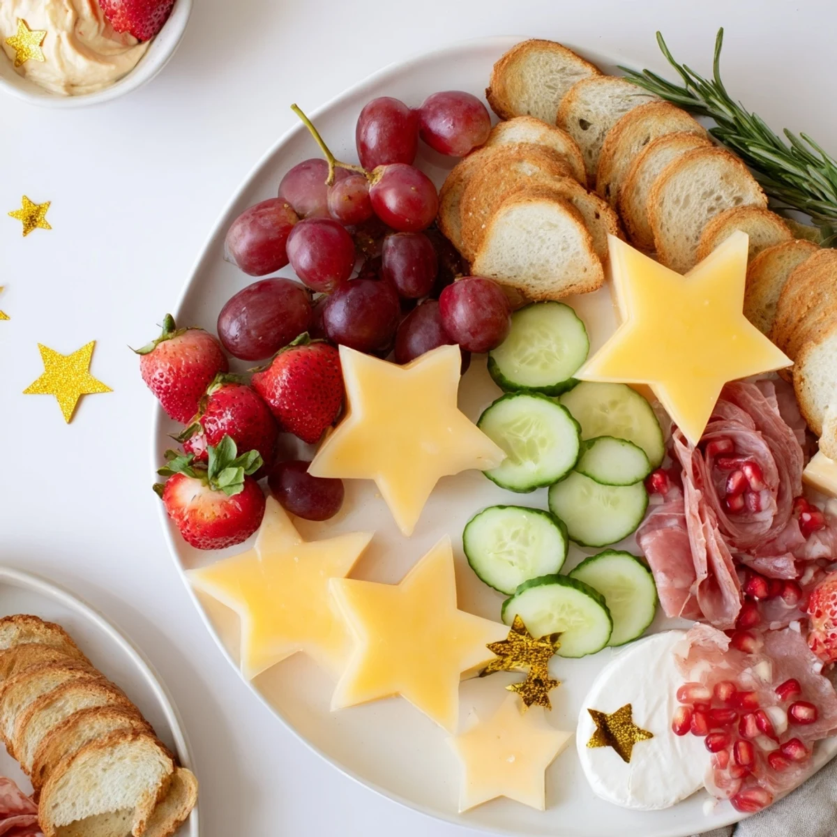 A Happy New Year Star Board overloaded with colorful cheeses, meats, fruits, and dips, ready to serve.