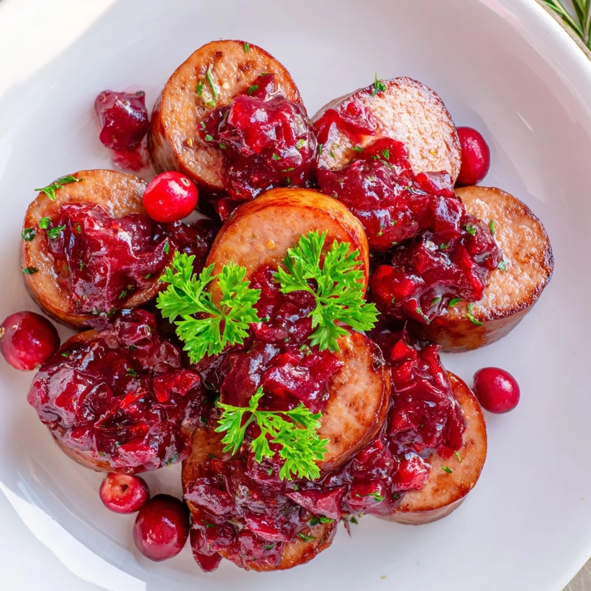 Delicious warm Festive Holly Berry Sausage Bites featuring sausage rounds with cranberry and herbs, perfect appetizer for holidays.