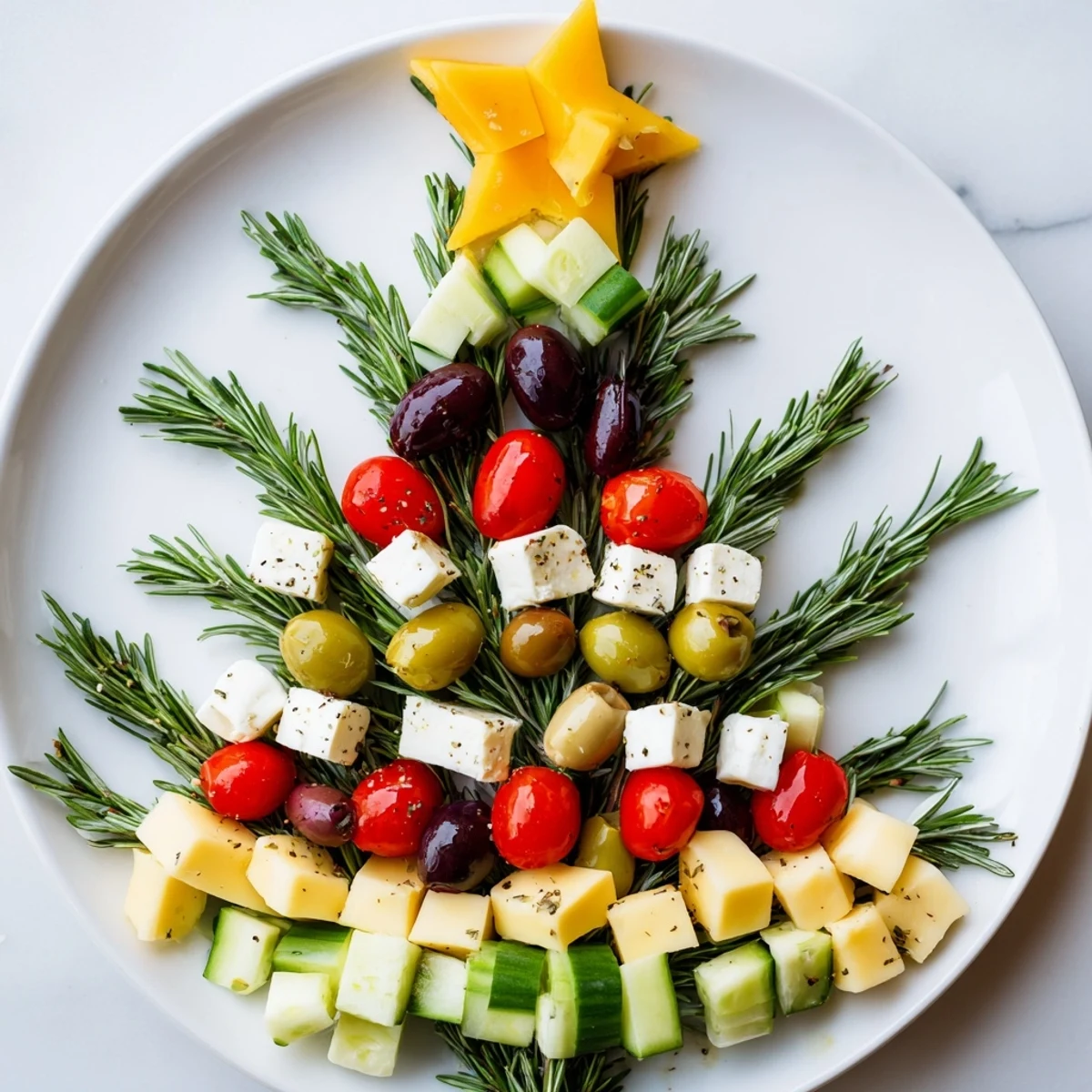 A beautiful "Cheese & Olives: Pine Tree Wreath" appetizer, bursting with colorful olives and cheese cubes.