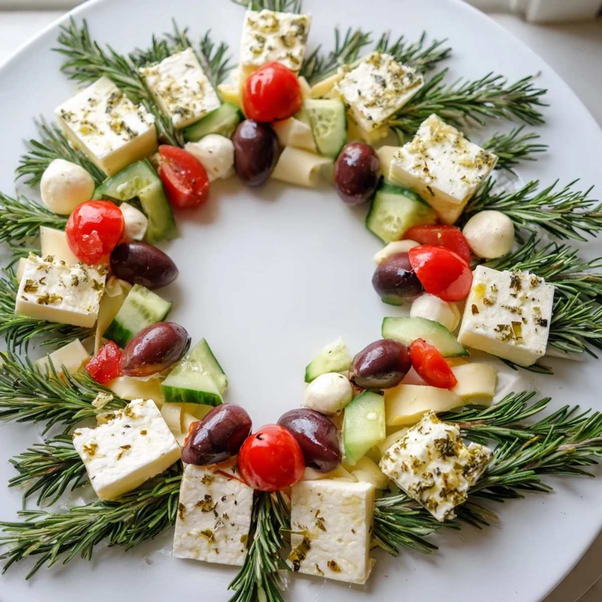 Festive "Cheese & Olives: Pine Tree Wreath" with ripe olives, cheeses, and herbs in a delicious holiday spread.