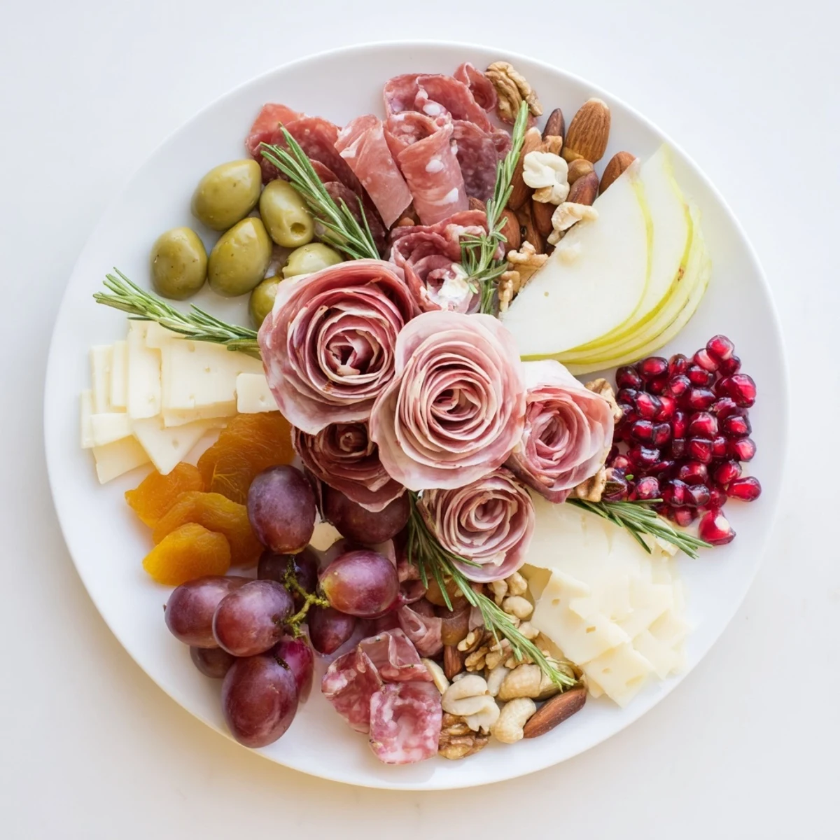 Appetizing charcuterie creation: savory meat roses bloom with a variety of cheeses and garnishes.