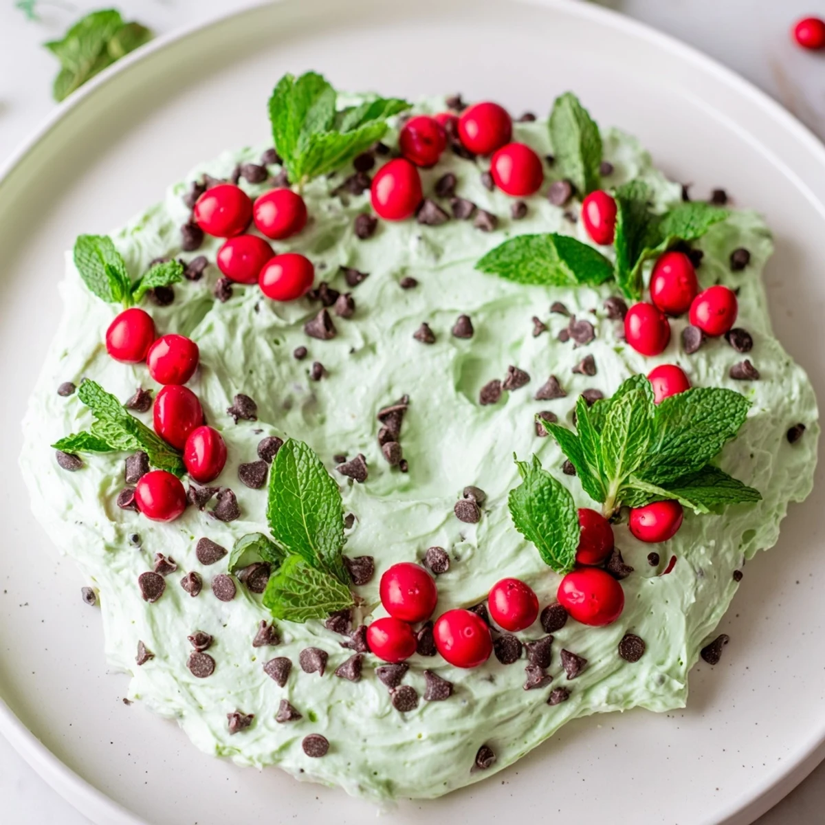 Festive Mint Chocolate Chip Dip Wreath, a creamy dessert covered in chocolate chips and fresh mint.